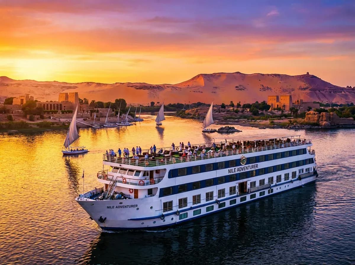 Een nijlcruiseschip op de Nijl in de avond
